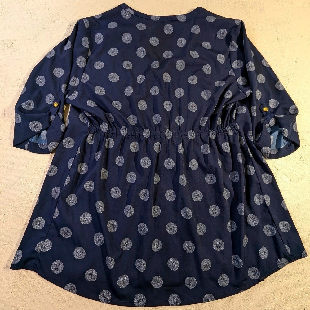 Oh! Mamma Navy Blue Polka Dot Tunic Shirt Women's Size L Sleeves V-Neck - Picture 6 of 8